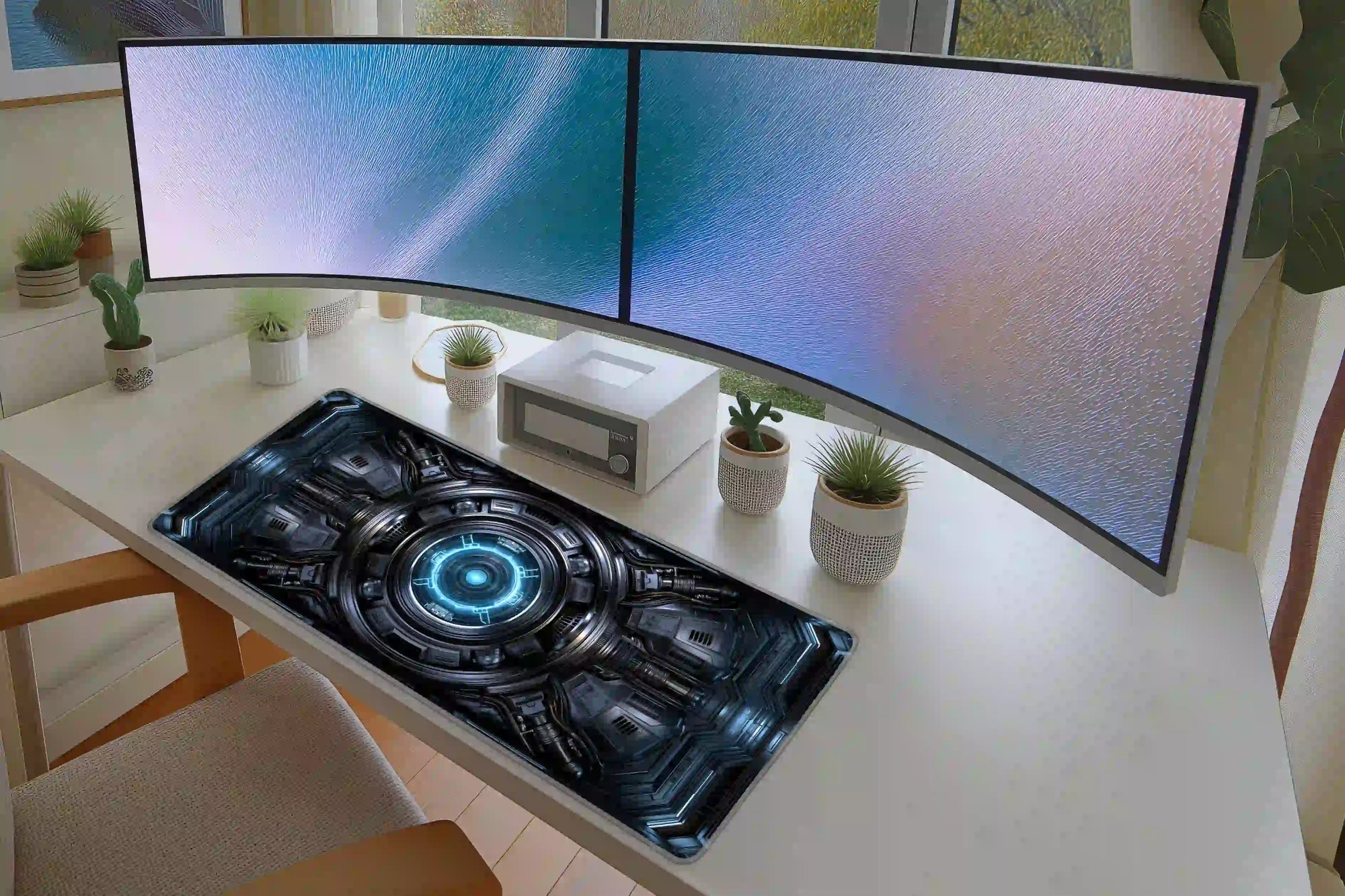 Office desk setup featuring the sci-fi energy core reactor extended mouse pad