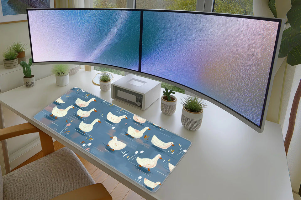 Cute Duck Mousepad – Playful White Ducks on Blue Background
