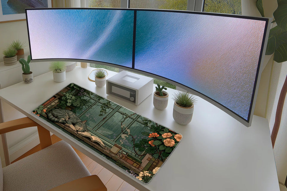 Lifestyle desk mockup of Cat Library Desk Mat | Rainy Garden Window with keyboard and mouse layout