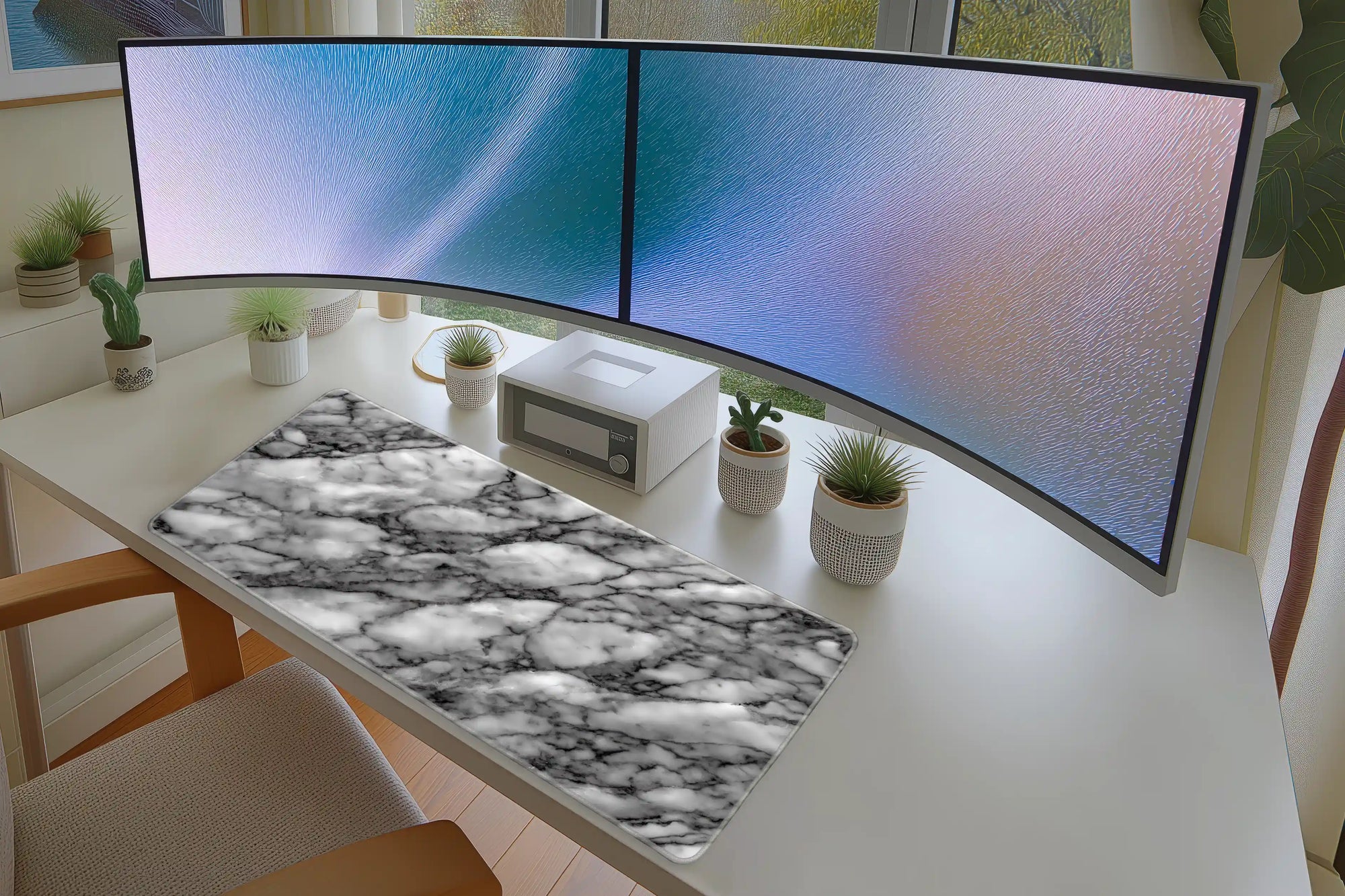 White Marble desk mat wide surface for a keyboard and mouse layout