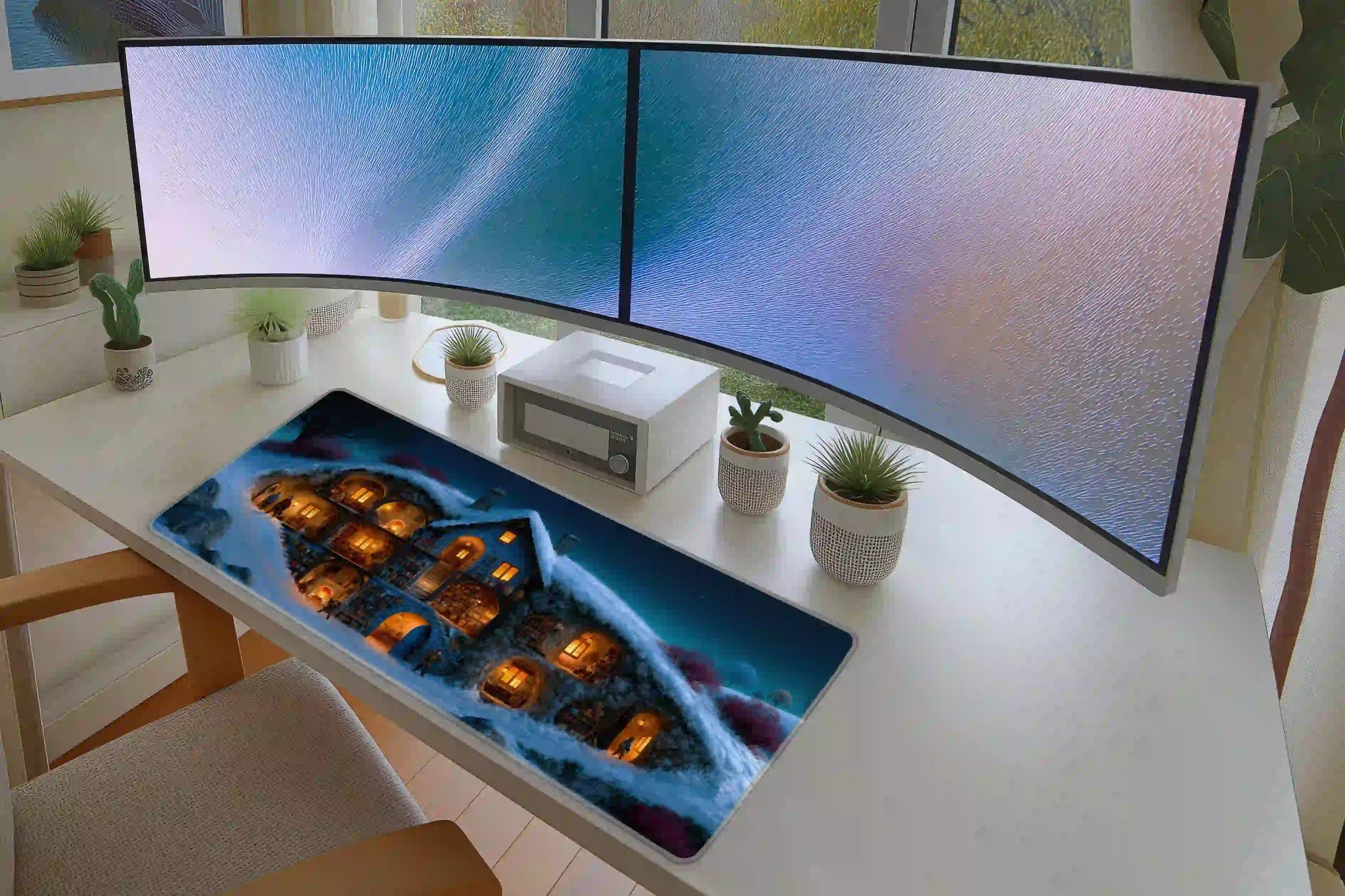 Keyboard and mouse workspace styled with the cozy winter cottage cutaway desk mat