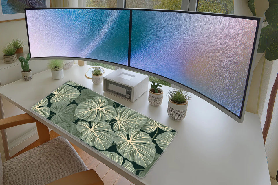 Tropical Leaf Desk Mat | Green Botanical Mouse Pad in a full desk setup with keyboard, mouse, and office accessories