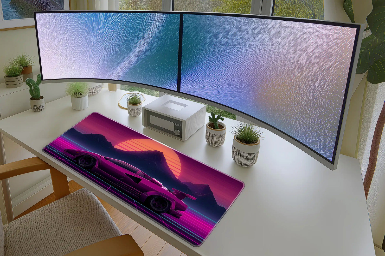 Retro Neon Supercar Sunset Gaming Mousepad