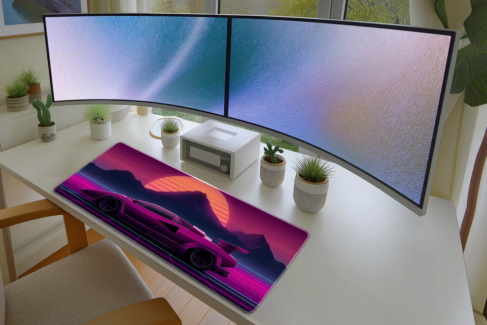 Retro Neon Supercar Sunset Gaming Mousepad