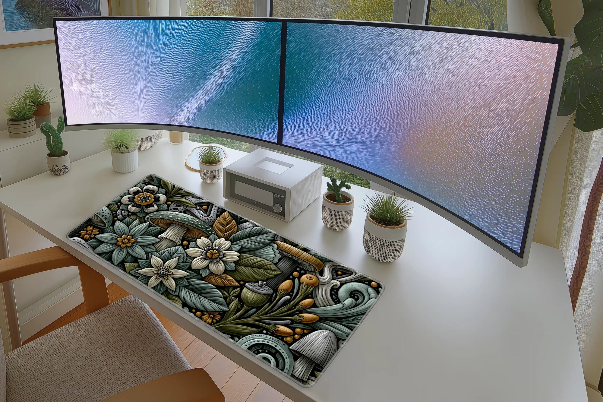 Botanical Mushroom Desk Mat | Floral Forest Mouse Pad in a full desk setup with keyboard, mouse, and office accessories