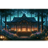 Overhead Japanese Shrine Forest desk mat view with a lantern-lit shrine among towering forest trees