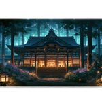 Overhead Japanese Shrine Forest desk mat view with a lantern-lit shrine among towering forest trees