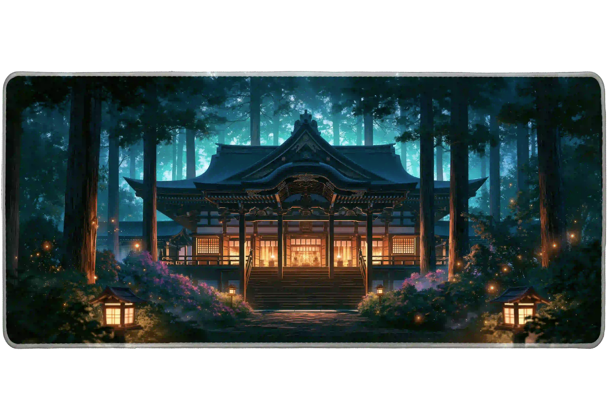 Overhead Japanese Shrine Forest desk mat view with a lantern-lit shrine among towering forest trees