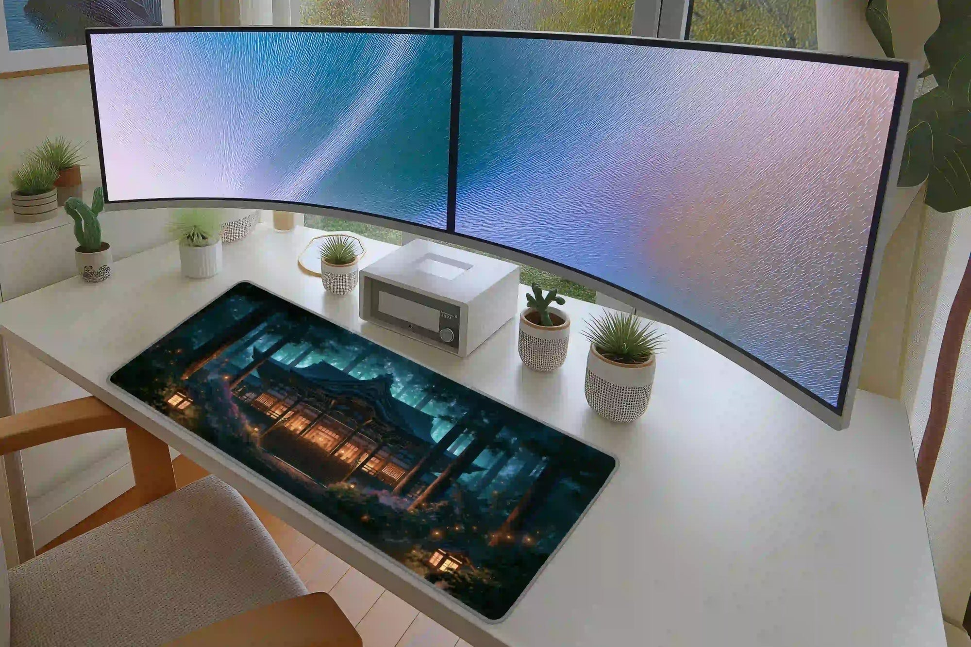 Keyboard and mouse layout on the Japanese Shrine Forest desk mat for a gaming setup