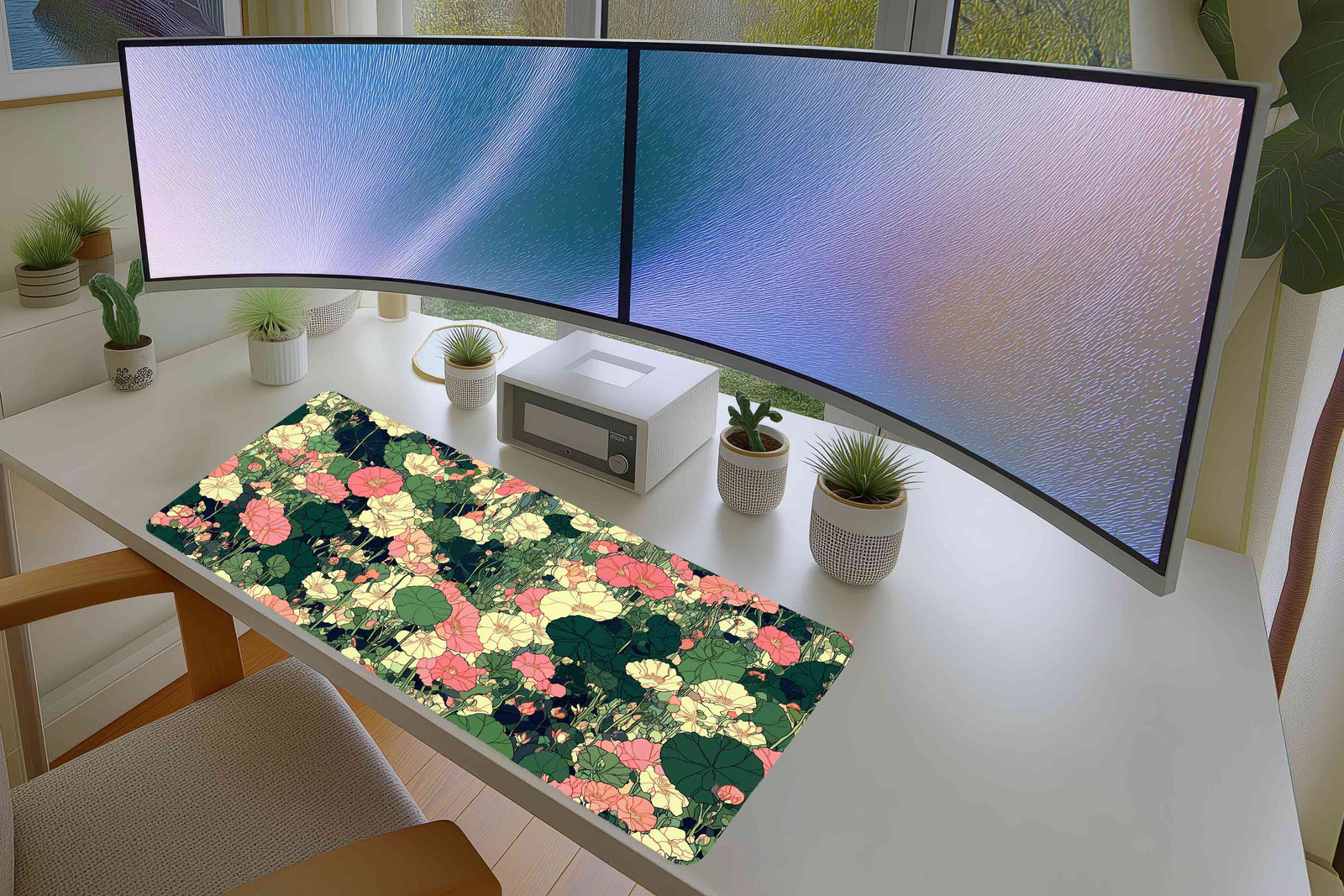 Floral Garden Mousepad – Pink & Cream Blossoms on Green
