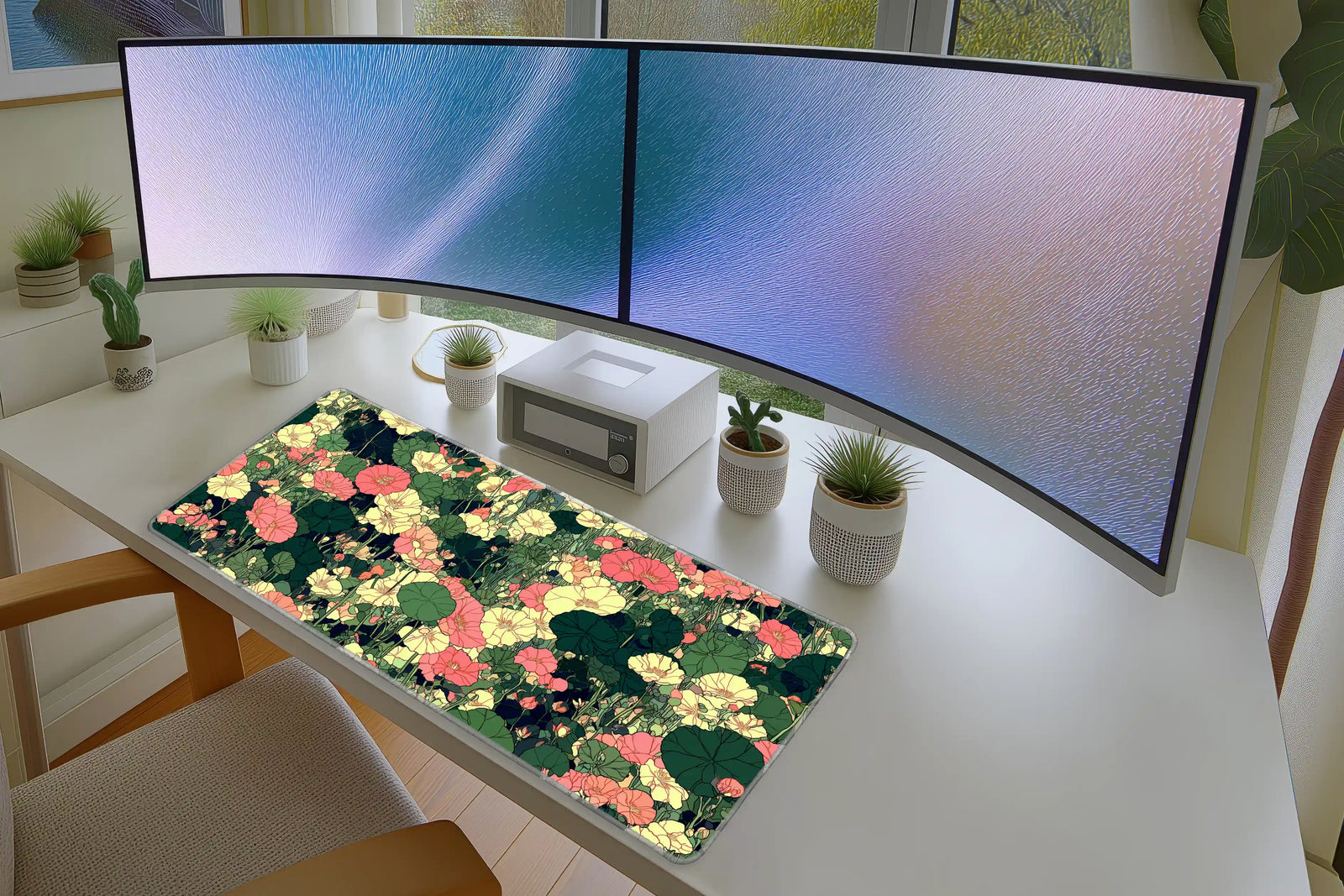 Floral Garden Mousepad – Pink & Cream Blossoms on Green
