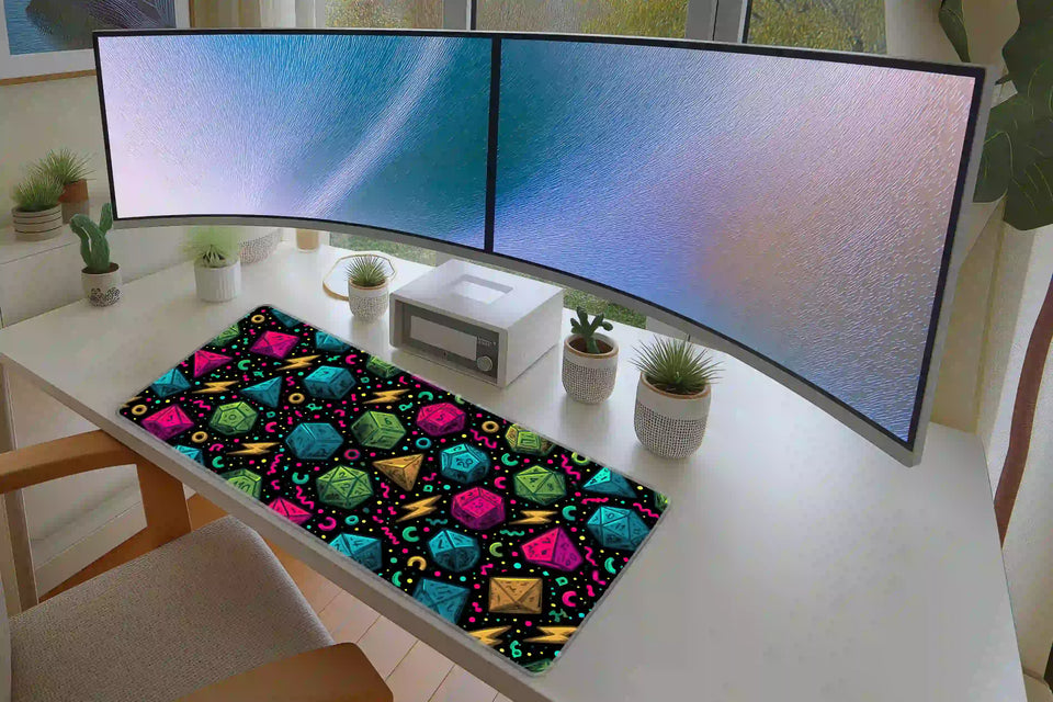Neon D20 Dice desk mat in a full desk setup with a keyboard and mouse layout