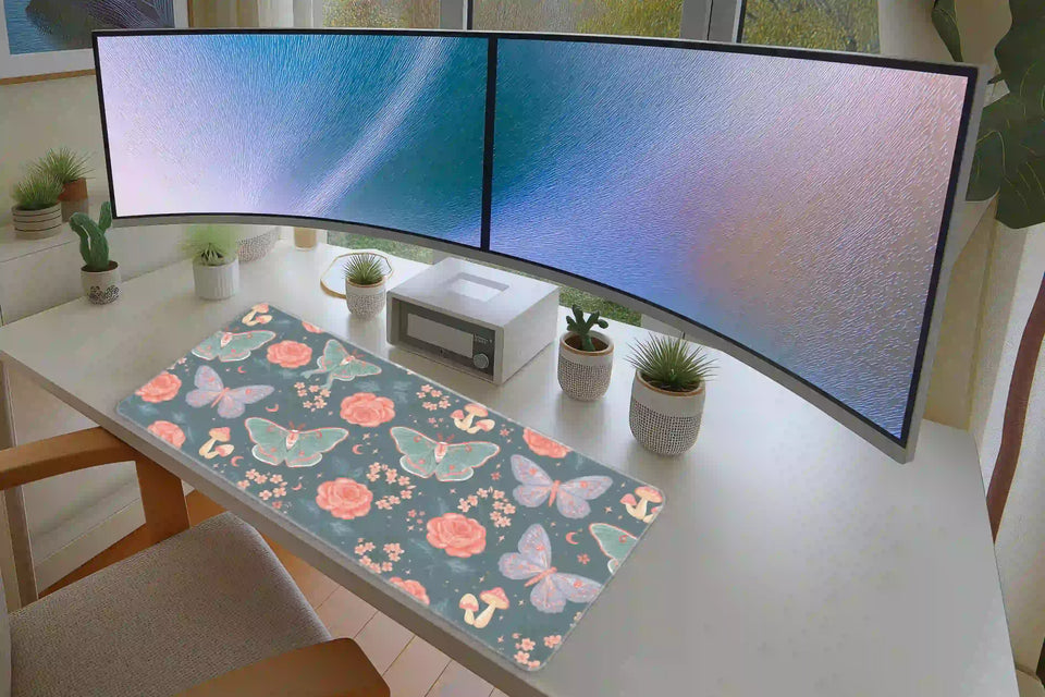 Pastel moth and rose desk mat across a white desk with monitors and plants, showing its soft botanical pattern
