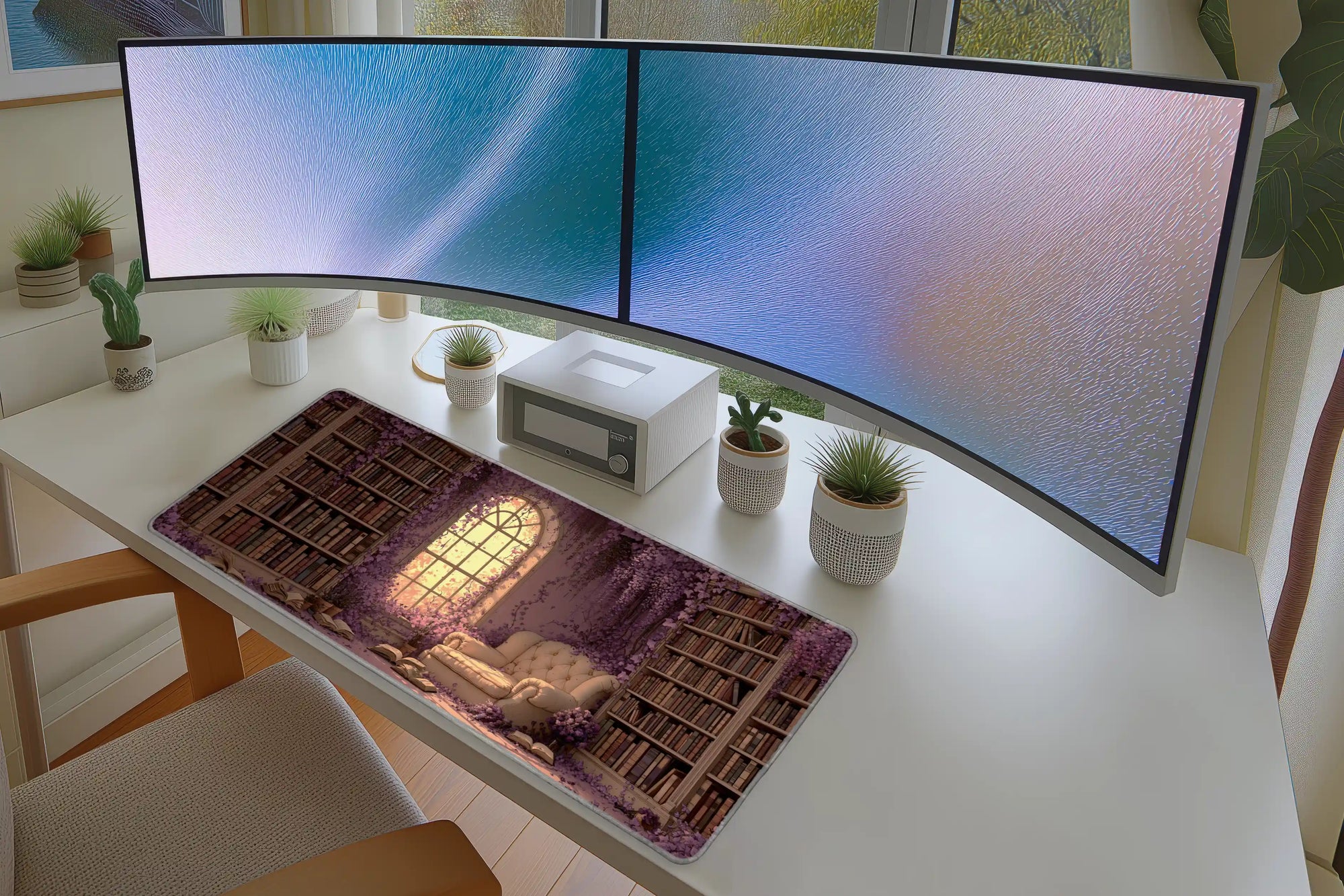 Lifestyle desk mockup of Purple Library Desk Mat | Vintage Reading Nook with keyboard and mouse layout
