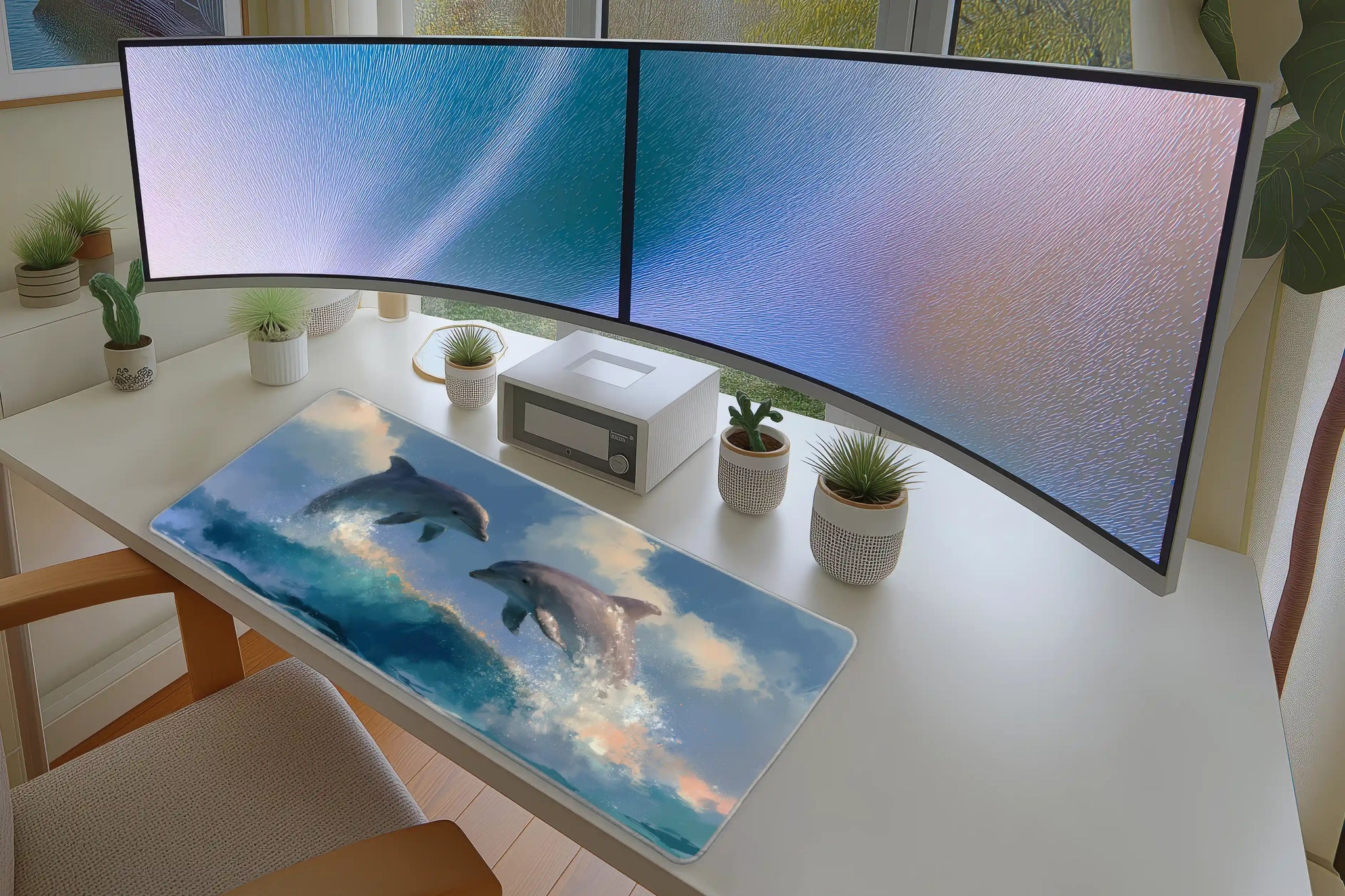 Y2K Dolphin Ocean desk mat wide surface for a keyboard and mouse layout
