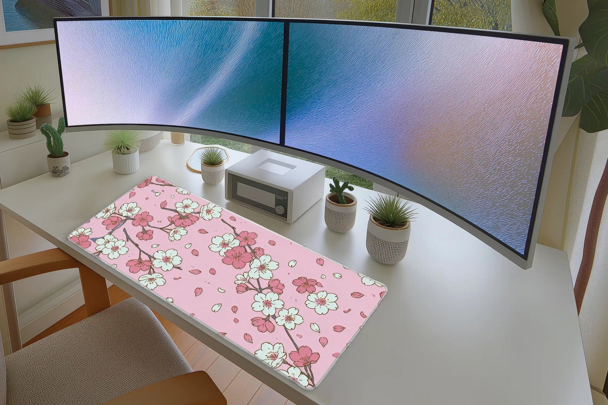 Pink Cherry Blossom Scattered Sakura mouse pad showing stitched edge detail