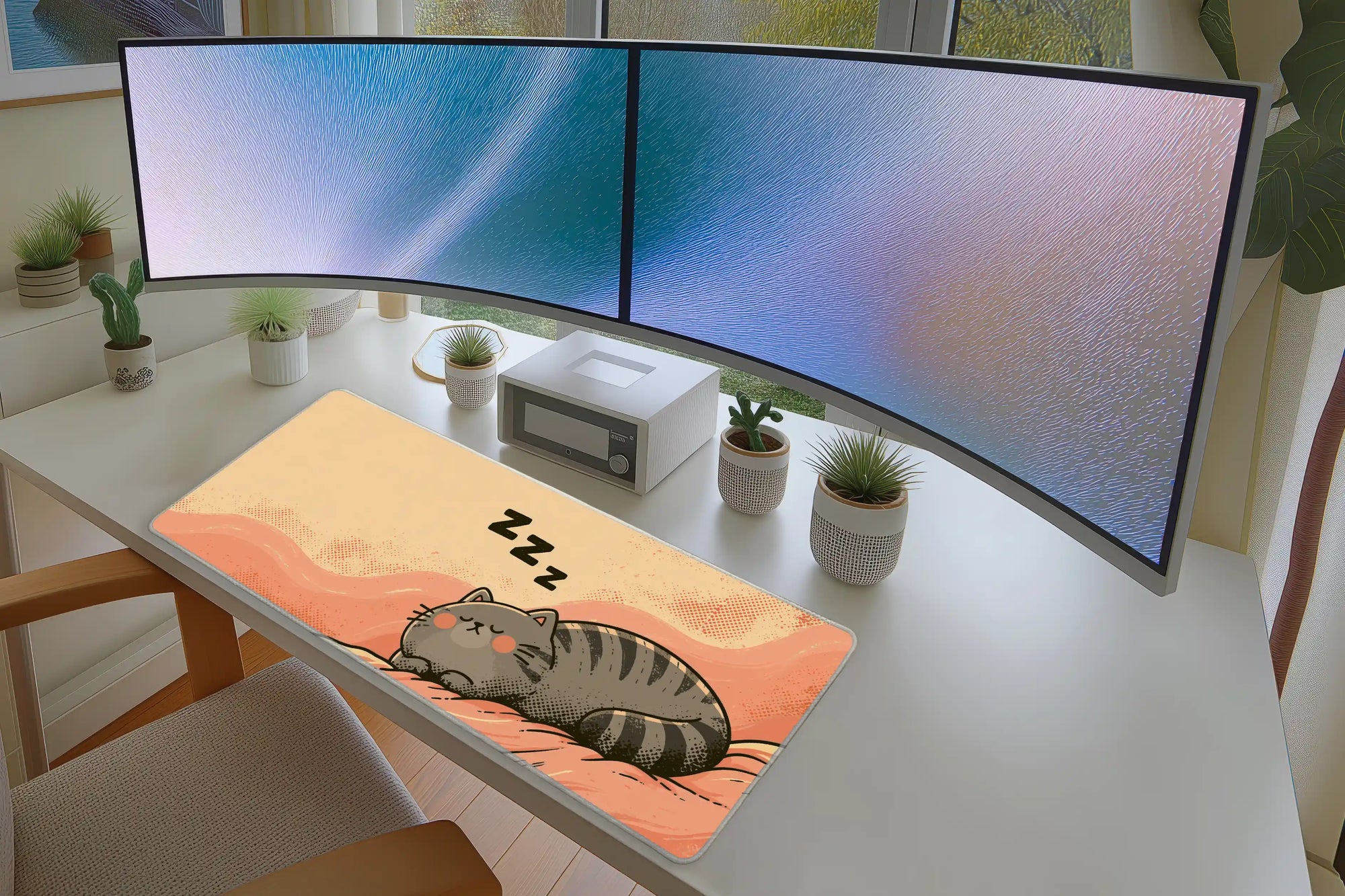 Sleeping Tabby Cat Desk Mat | Cozy Kawaii Mouse Pad in a full desk setup with keyboard, mouse, and office accessories