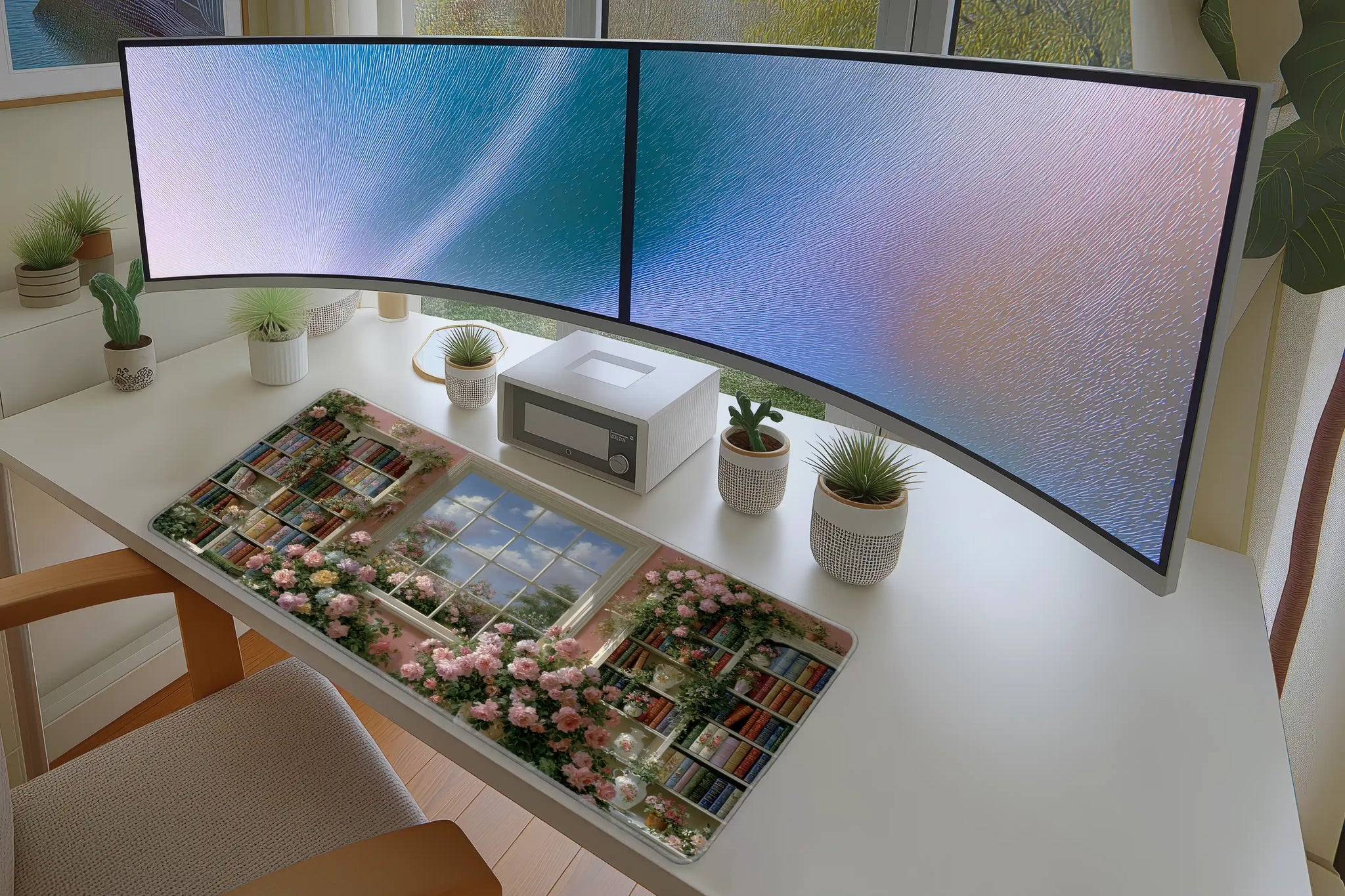Lifestyle desk mockup of Floral Library Desk Mat | Pink Rose Garden View with keyboard and mouse layout