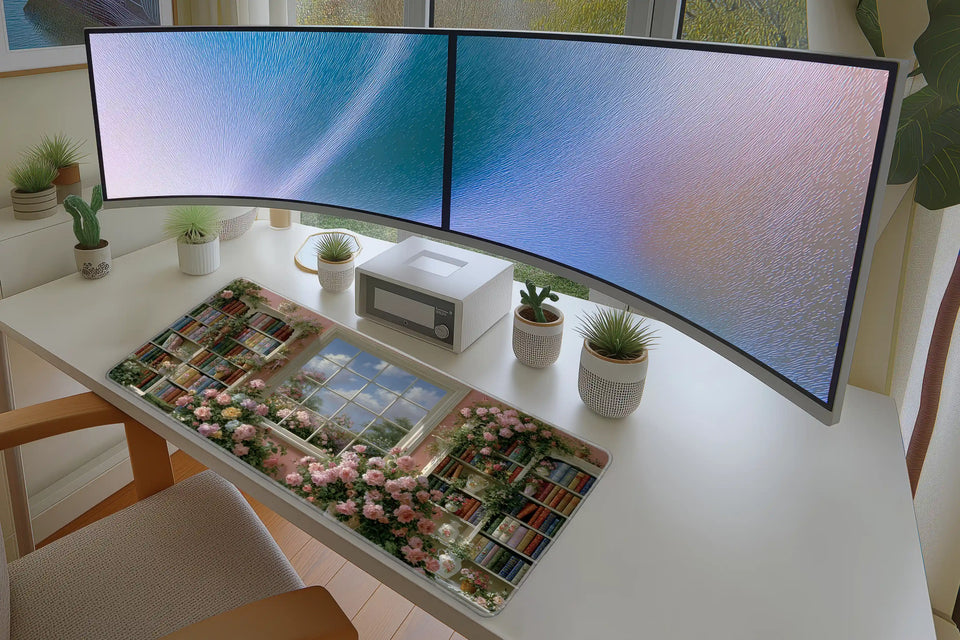 Lifestyle desk mockup of Floral Library Desk Mat | Pink Rose Garden View with keyboard and mouse layout