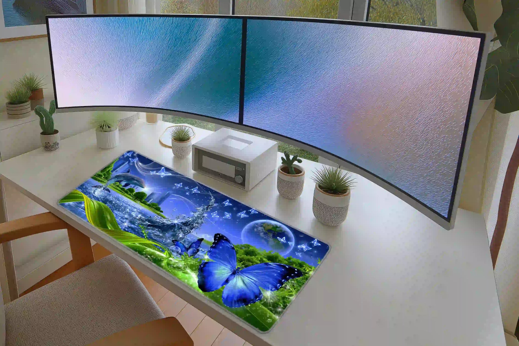 Frutiger Aero Dolphin desk mat in a full desk setup with a keyboard and mouse layout