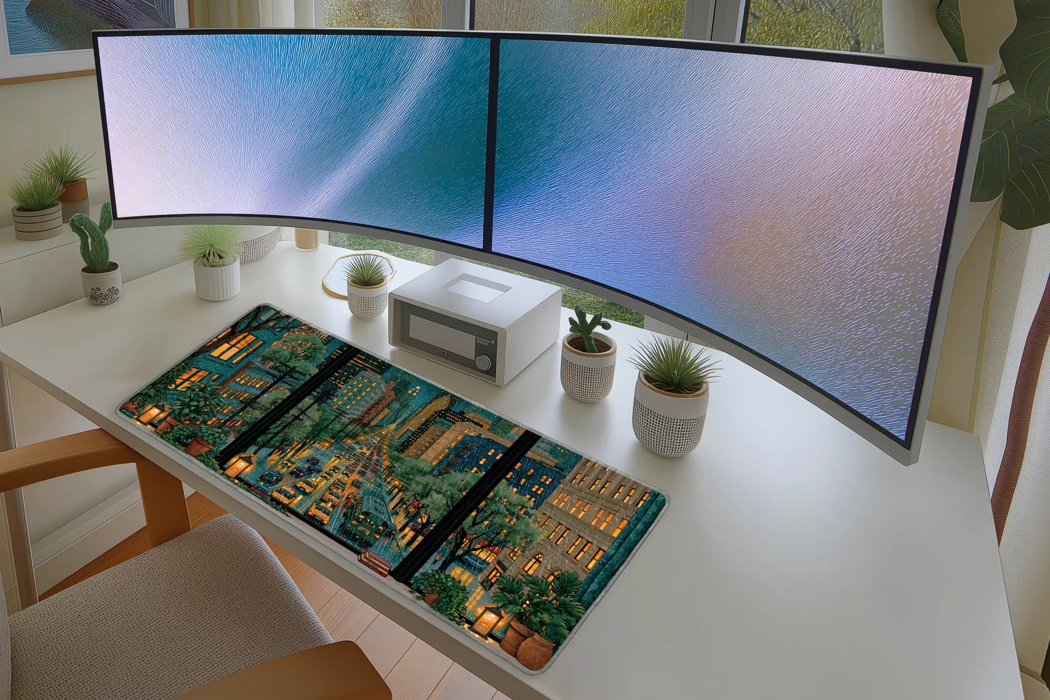 Lifestyle desk mockup of Rainy City Window Desk Mat | Cozy Night Lights with keyboard and mouse layout