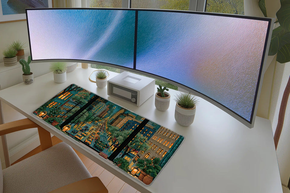 Lifestyle desk mockup of Rainy City Window Desk Mat | Cozy Night Lights with keyboard and mouse layout
