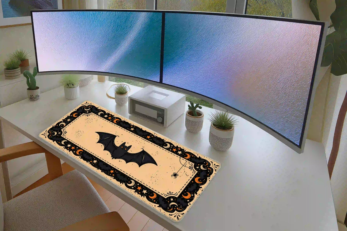 Vintage bat Halloween mat shown in a white desk setup, with a central bat and orange celestial border below monitors
