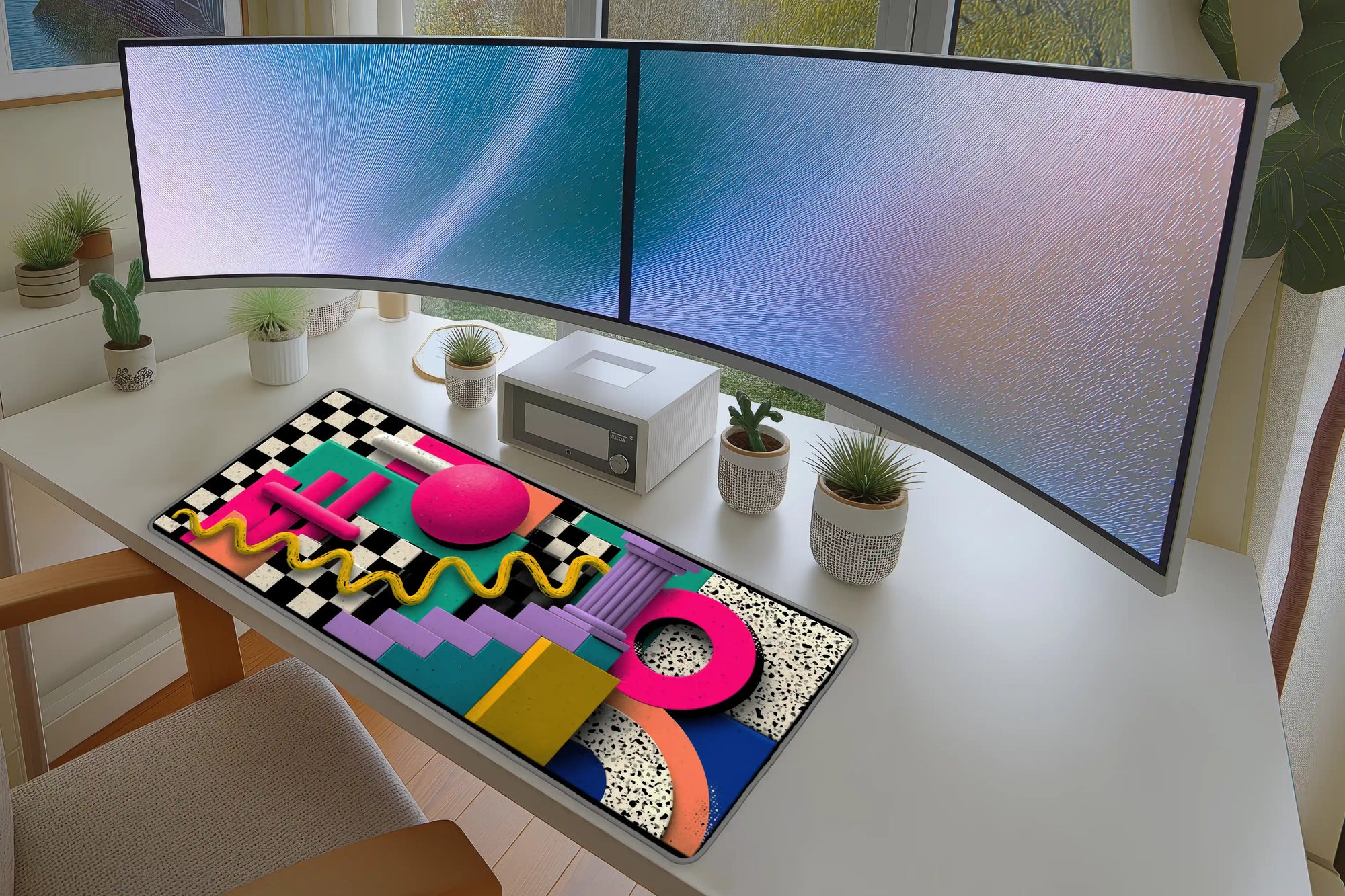 Retro Memphis Geometric Abstract desk mat wide surface for a keyboard and mouse layout