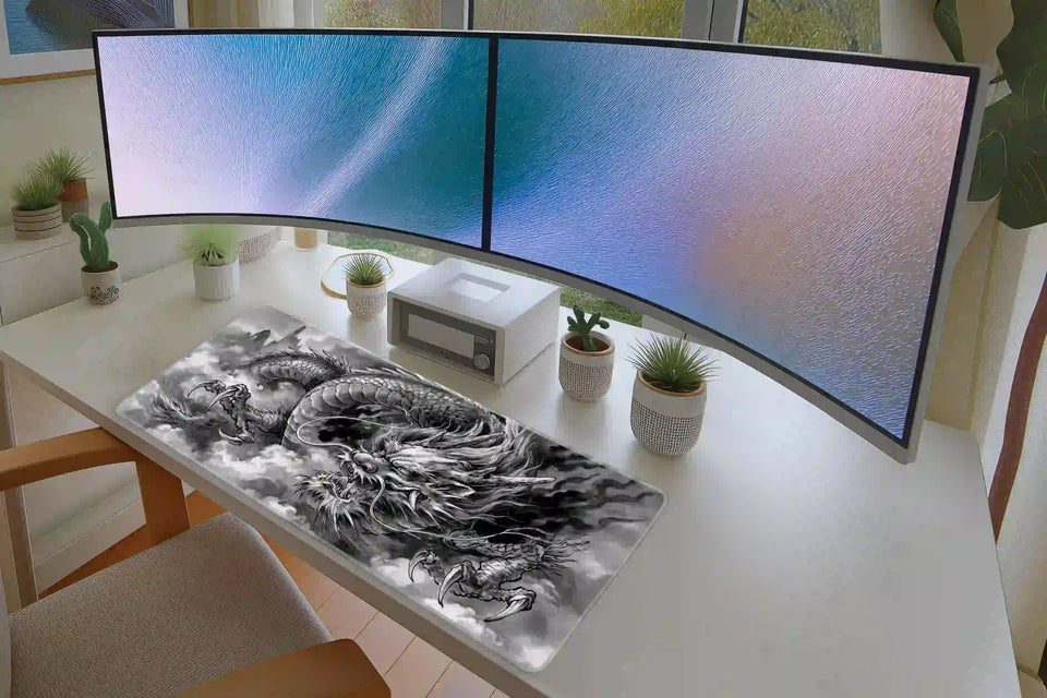 Eastern Dragon desk mat in a full desk setup with a keyboard and mouse layout