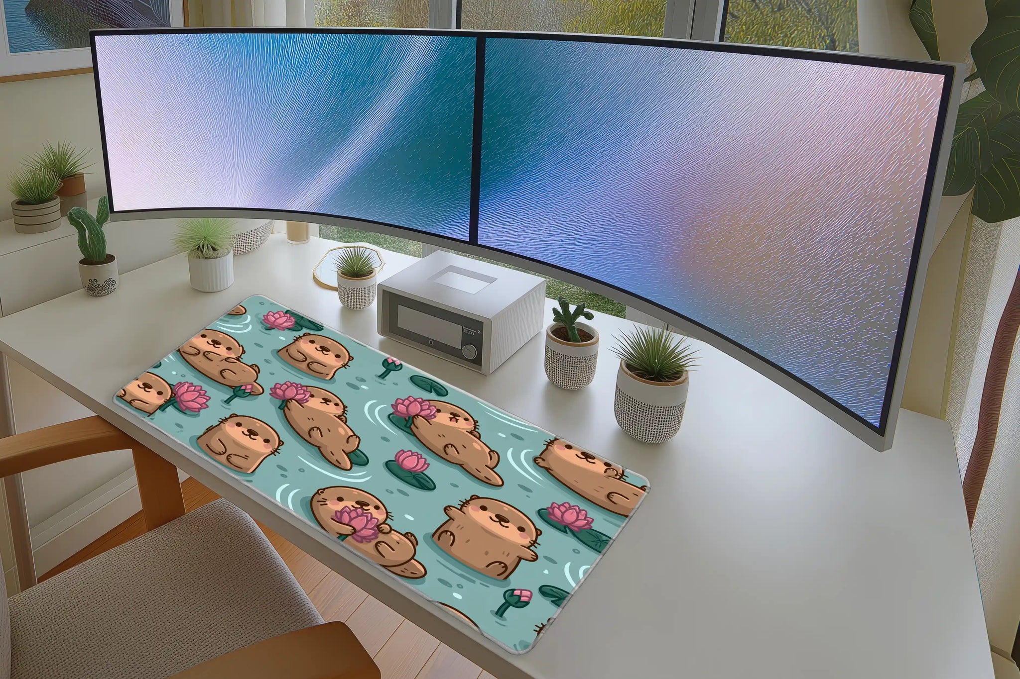 Cute Otter Lotus Pond Kawaii Animal mouse pad showing stitched edge detail