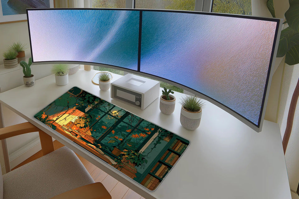 Lifestyle desk mockup of Moonlit Study Room Desk Mat | Plant Library View with keyboard and mouse layout