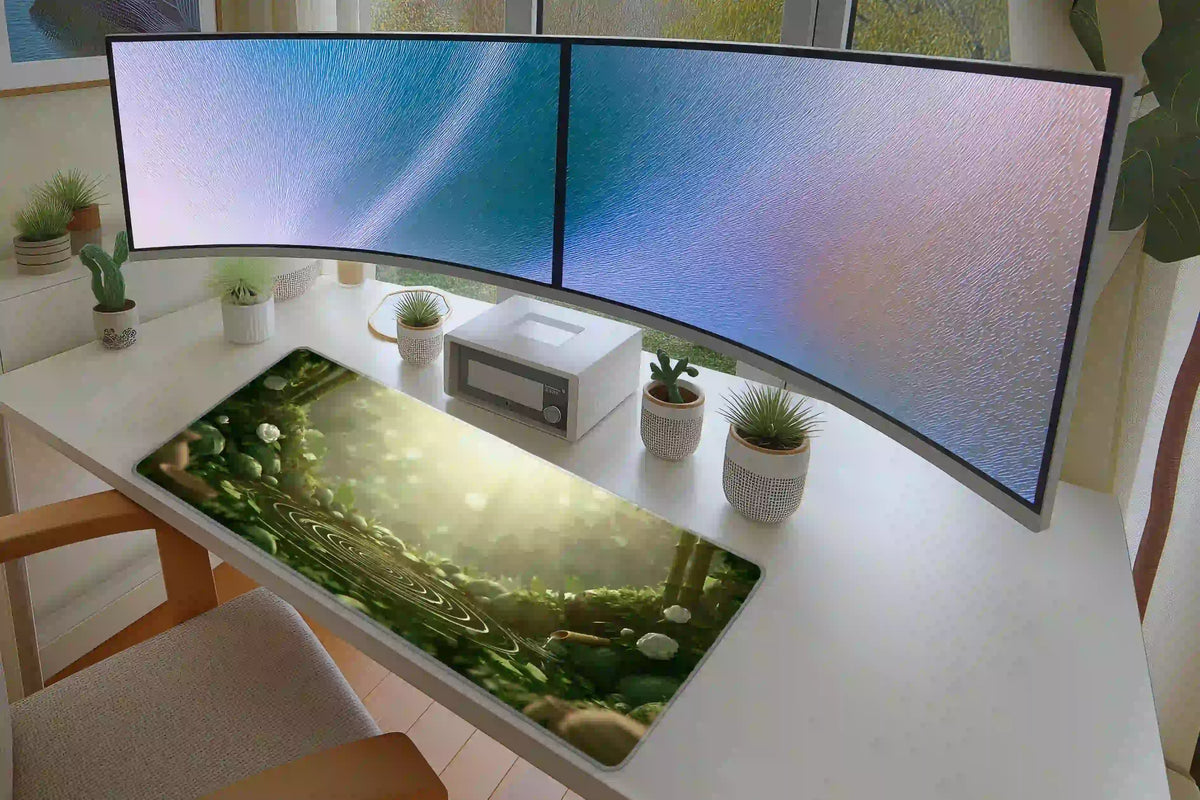 Bamboo garden pond desk mat on a white desktop beneath curved monitors, with the sunlit green landscape fully displayed