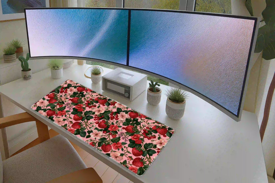 Strawberry Floral desk mat in a full desk setup with a keyboard and mouse layout