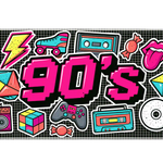 90s Sticker Collage desk mat artwork in a wide product view