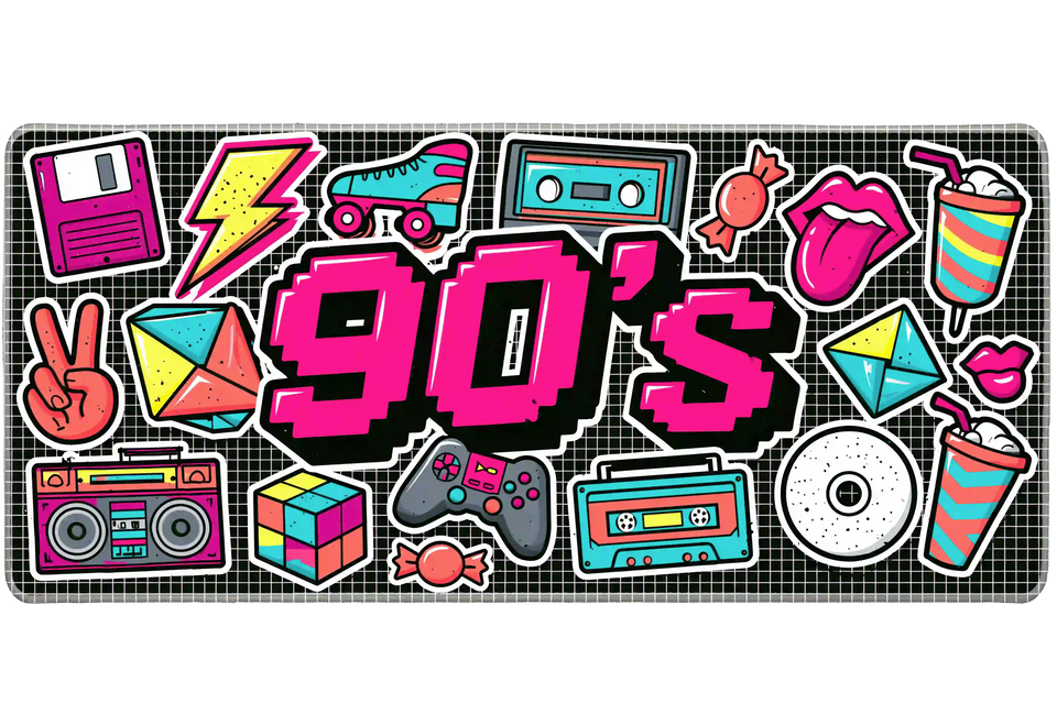 90s Sticker Collage desk mat artwork in a wide product view