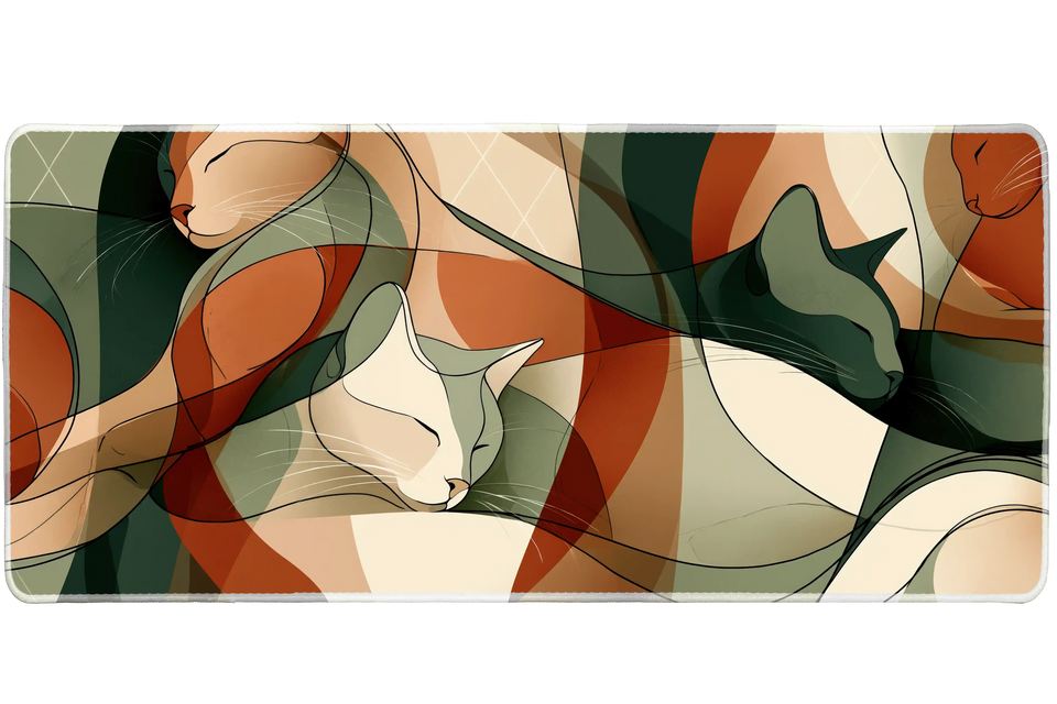Abstract Cat Line Art Desk Mat | Modern Mouse Pad artwork on an extended desk mat with flowing abstract cat line art