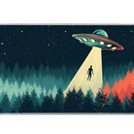 Retro UFO Abduction desk mat product view highlighting a vintage flying saucer beaming up a figure above a dark forest
