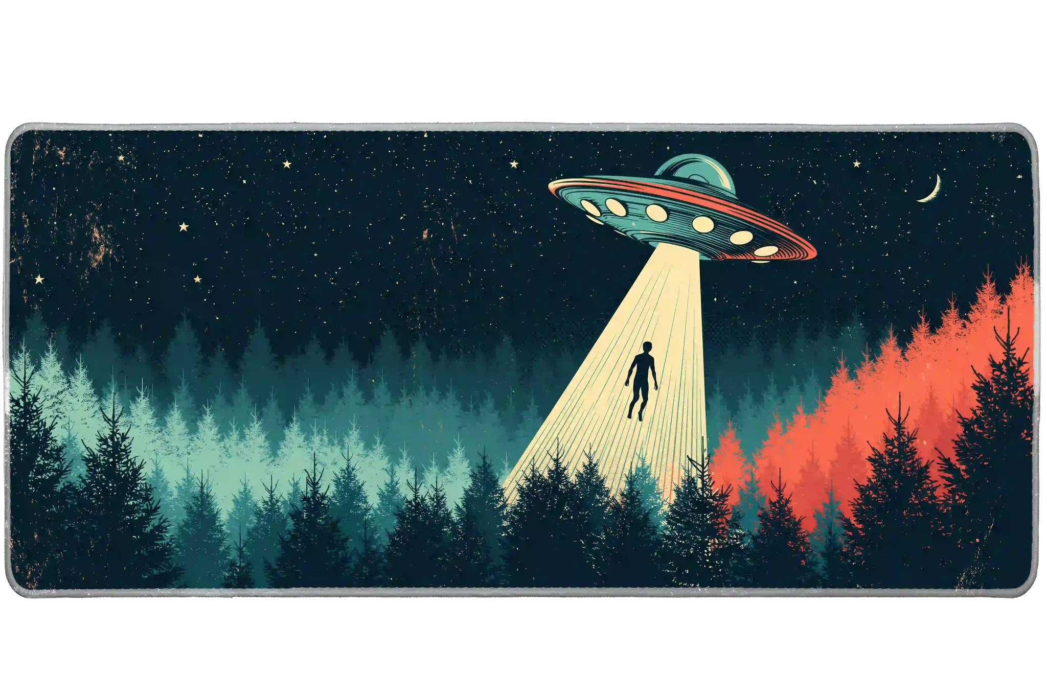 Retro UFO Abduction desk mat product view highlighting a vintage flying saucer beaming up a figure above a dark forest