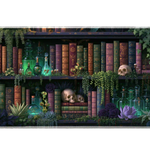 Dark academia desk mat showing antique books, green apothecary bottles, purple flowers, trailing plants and small skulls