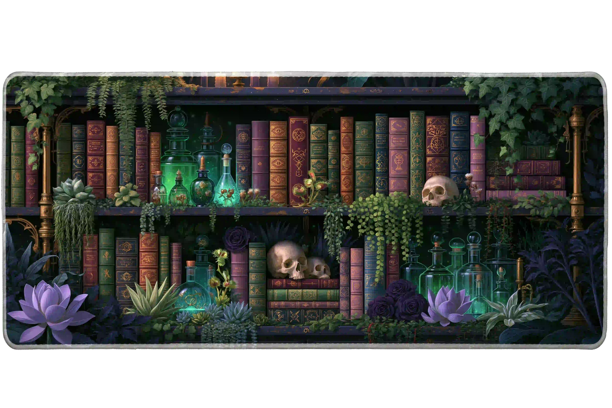 Dark academia desk mat showing antique books, green apothecary bottles, purple flowers, trailing plants and small skulls