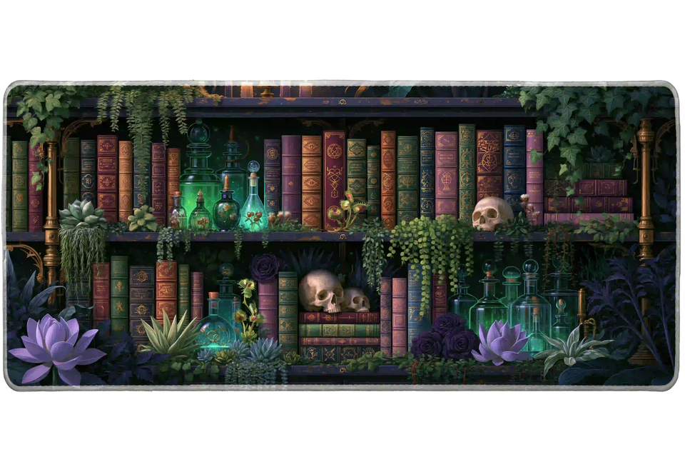 Dark academia desk mat showing antique books, green apothecary bottles, purple flowers, trailing plants and small skulls