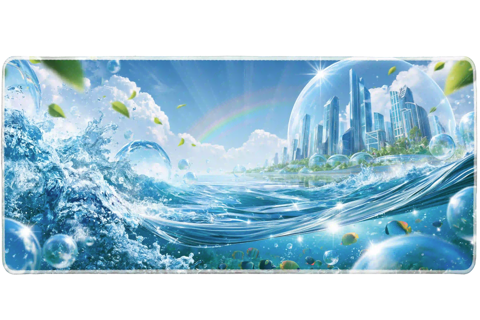 Frutiger Aero Ocean desk mat artwork in a wide product view