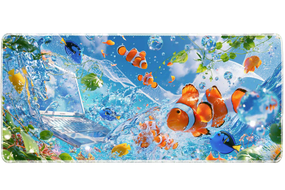 Frutiger Aero Aquarium desk mat artwork in a wide product view
