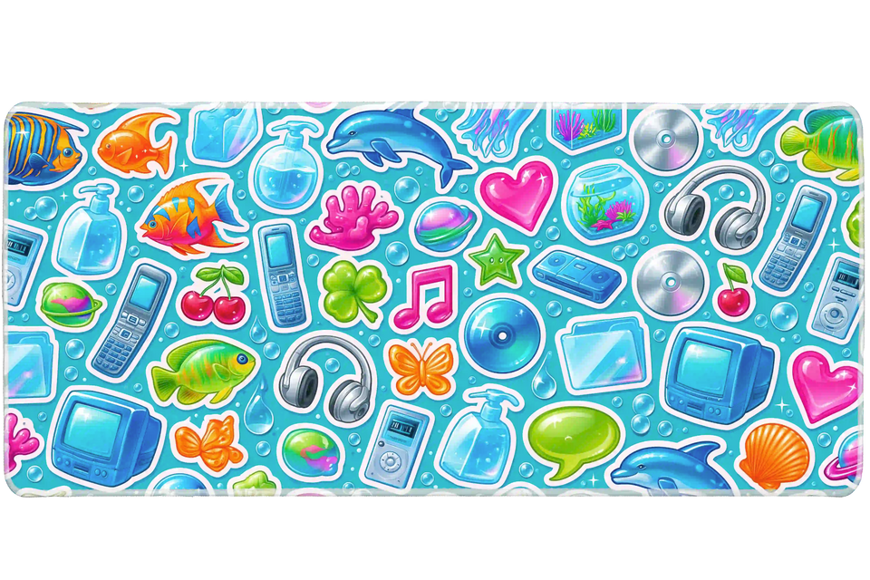 Y2K Aqua Sticker desk mat artwork in a wide product view