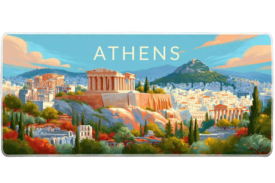 Athens desk mat artwork showing sunlit Acropolis temples, turquoise sky and colourful Mediterranean foliage