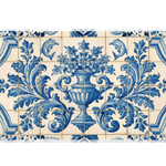 Wide view of the Portuguese Azulejo Floral desk mat featuring cobalt floral tilework with dolphins and a classical urn
