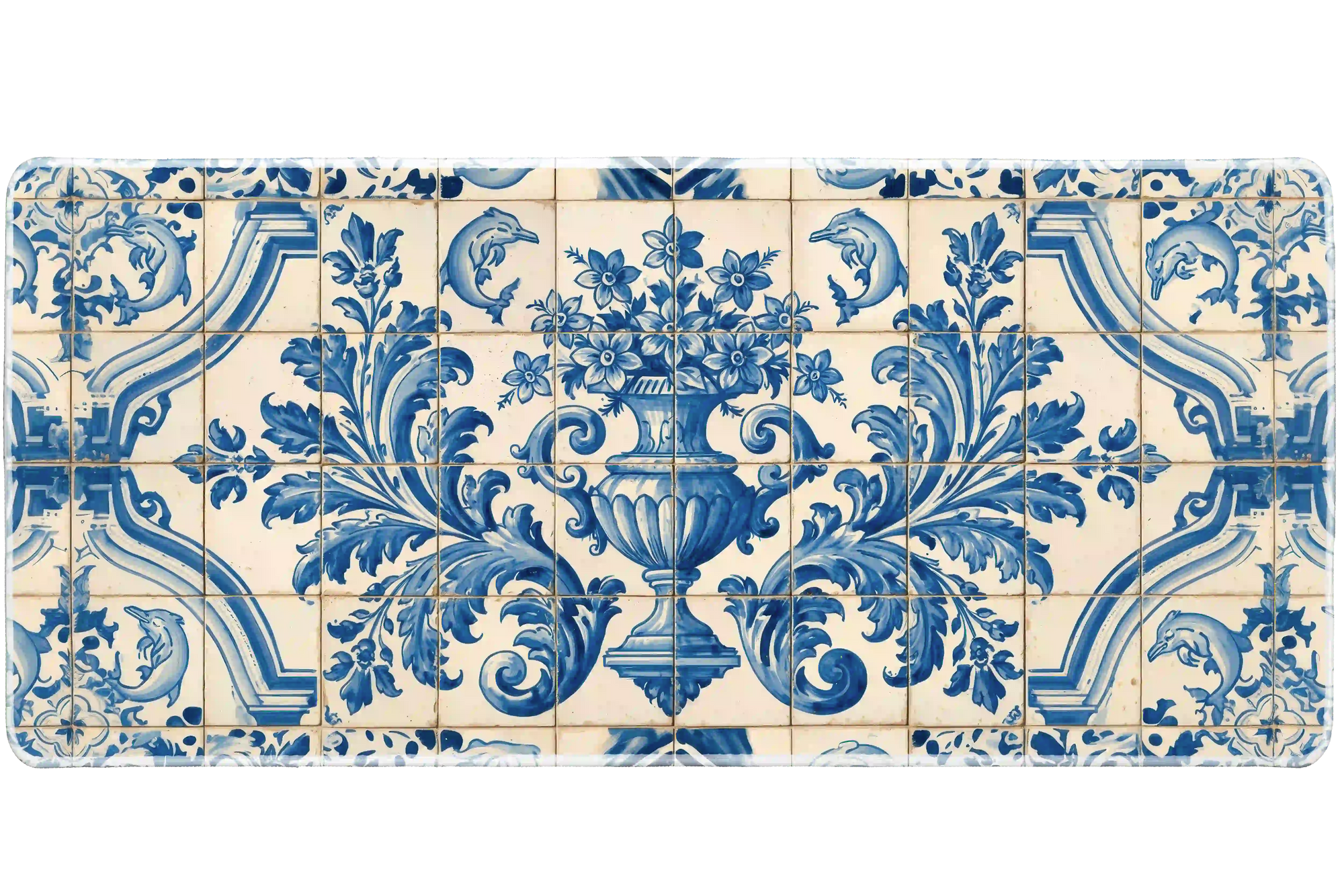 Wide view of the Portuguese Azulejo Floral desk mat featuring cobalt floral tilework with dolphins and a classical urn