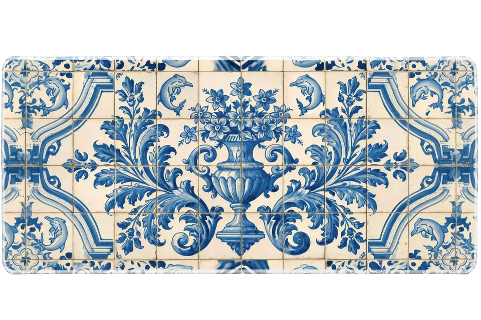 Wide view of the Portuguese Azulejo Floral desk mat featuring cobalt floral tilework with dolphins and a classical urn