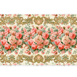 Vintage baroque rose desk mat with pink and coral flowers, green leaves and golden scroll borders on cream