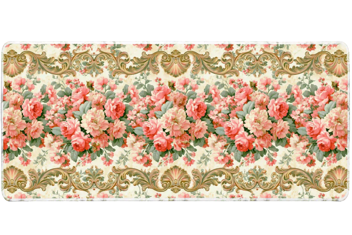 Vintage baroque rose desk mat with pink and coral flowers, green leaves and golden scroll borders on cream